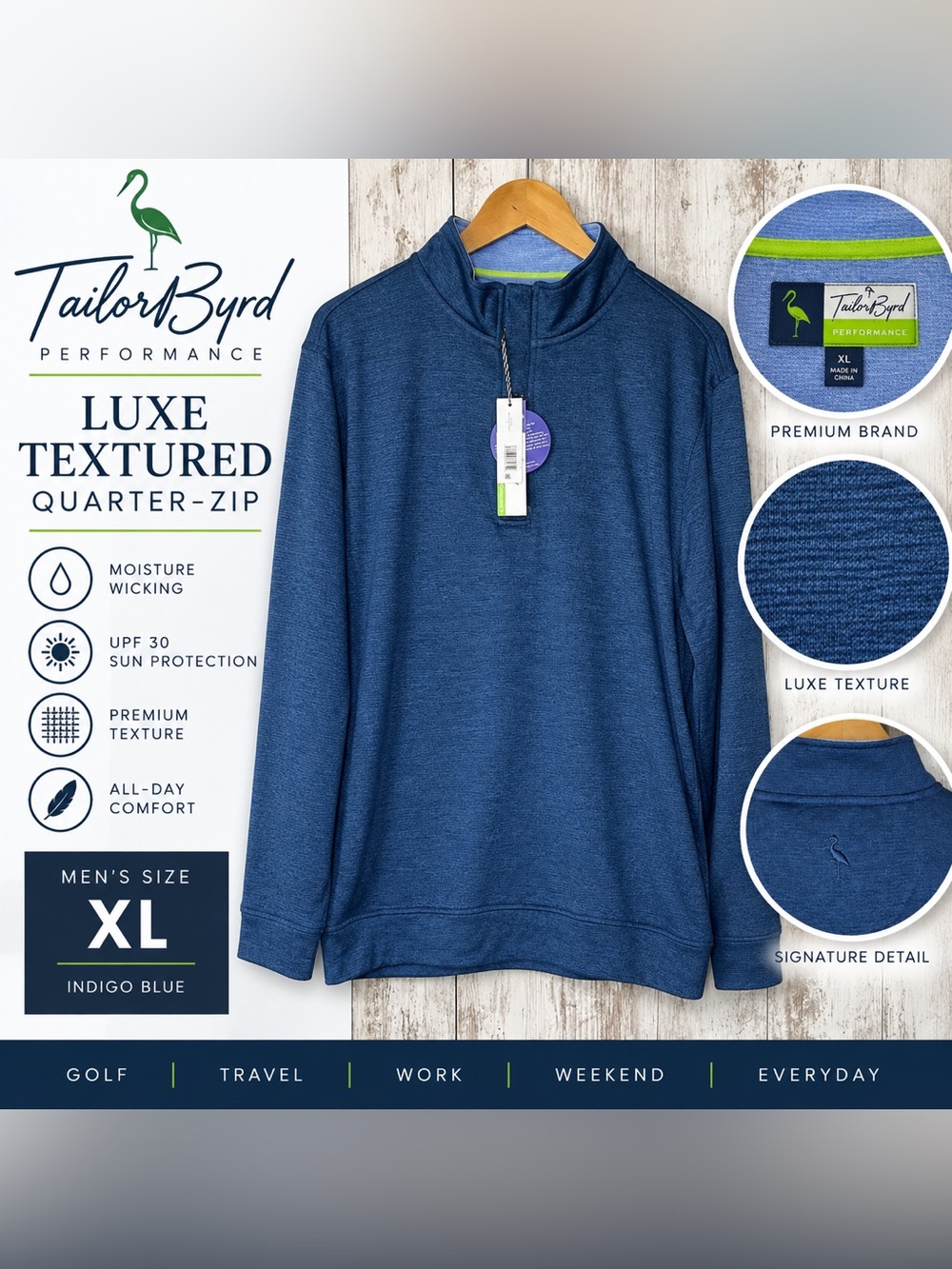 TailorByrd Luxe Textured Performance Quarter Zip Pullover Men’s XL Indigo Blue
